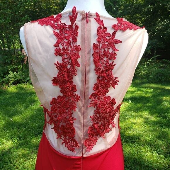 CQ by CQ size medium M Red Mermaid Prom Dress Lace Mesh floral bodice - Picture 6 of 11